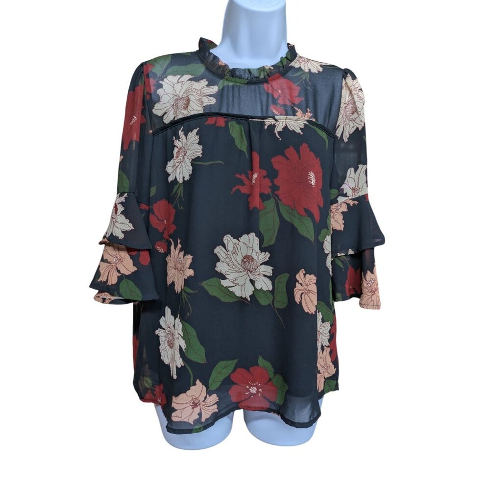 Monteau Los Angeles Sheer Black Floral Ruffle Neck Blouse Size L